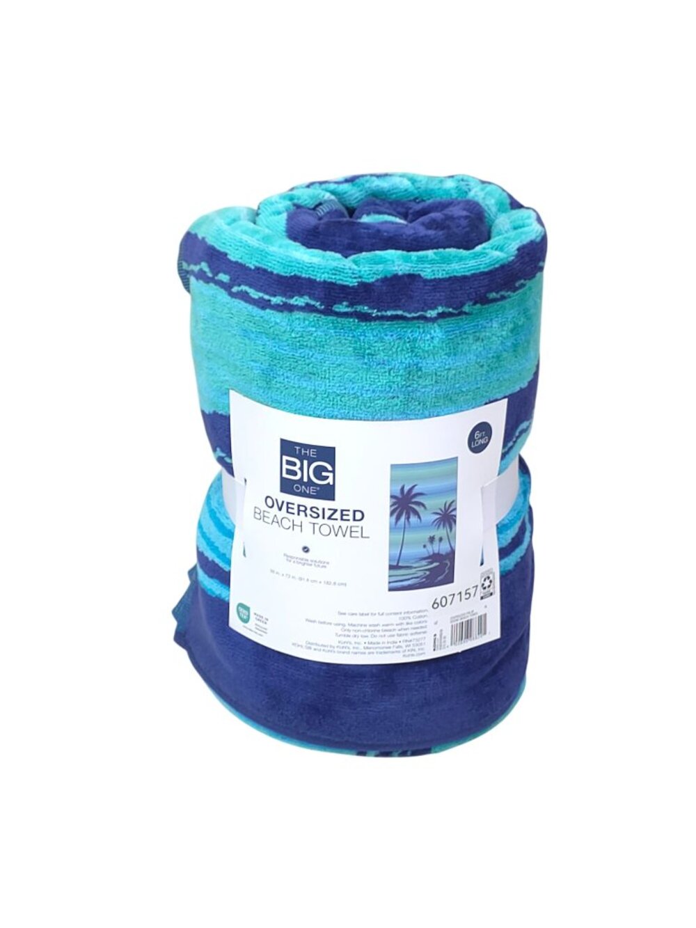 The Big One Oversized Beach Towel 36" x 72" Palm Scene 100% Cotton Blue & Green